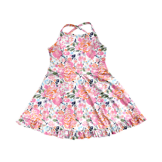Preorder GSD2286 Pink Flower Ruffle Sleeveless White Halter Yoga Dress Girls Boutique Clothes 202503