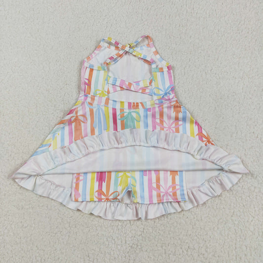 GSD2288 Colored Stripe Bows Ruffle Sleeveless Halter Yoga Dress Girls Boutique Clothes  202505 RTS