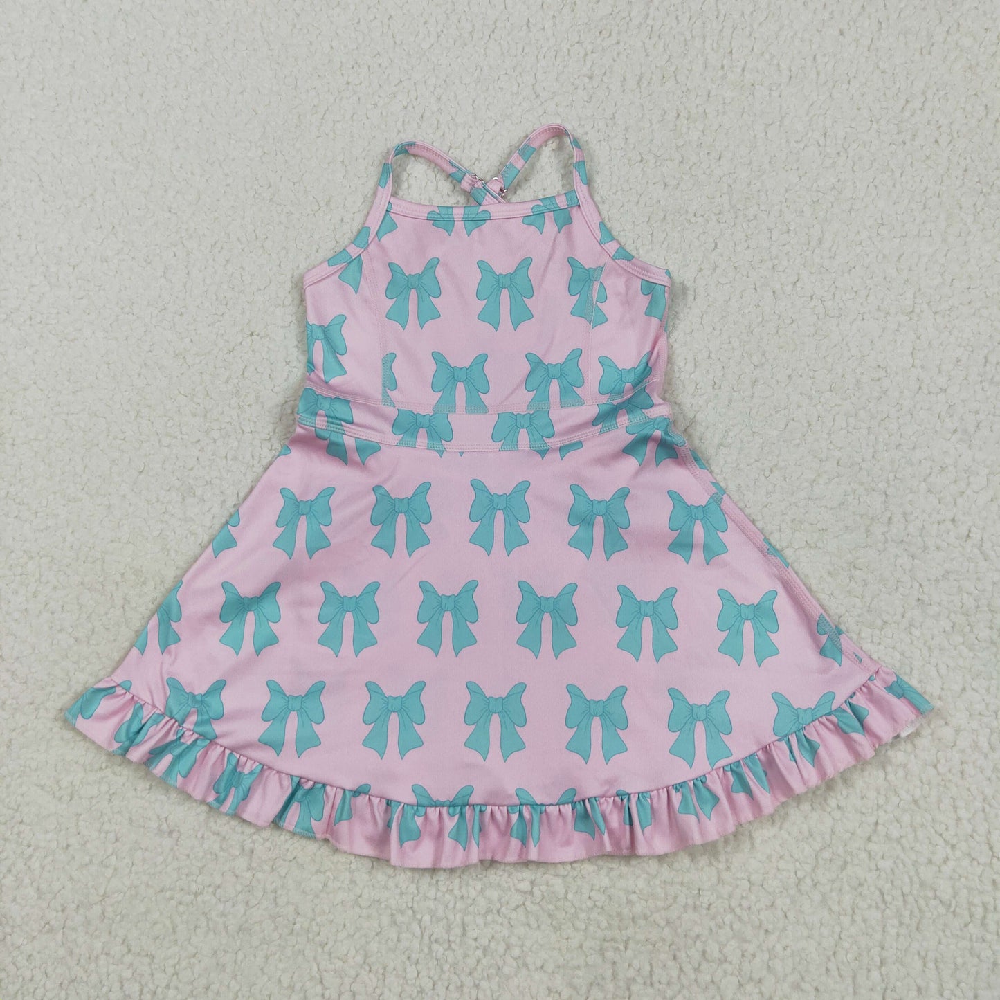 GSD2293 Blue Green Bows Pink Ruffle Sleeveless Halter Yoga Dress Girls Boutique Clothes  202505