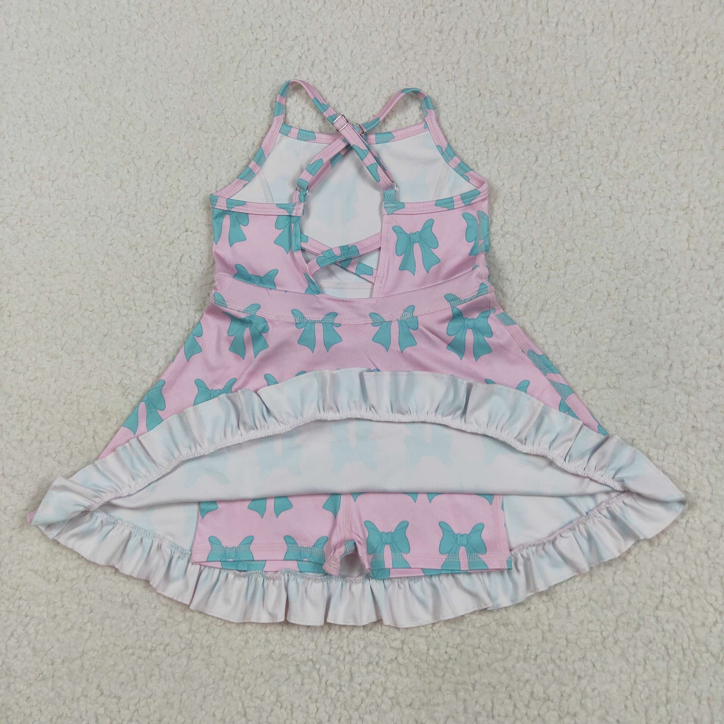 GSD2293 Blue Green Bows Pink Ruffle Sleeveless Halter Yoga Dress Girls Boutique Clothes  202505