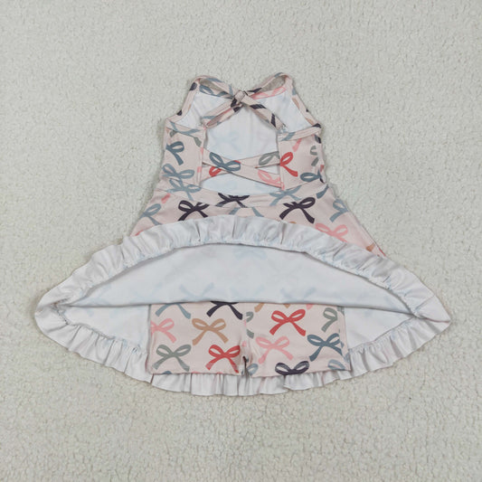 GSD2296 Colored Bows Beige Pink Ruffle Sleeveless Halter Yoga Dress Girls Boutique Clothes  202505 RTS