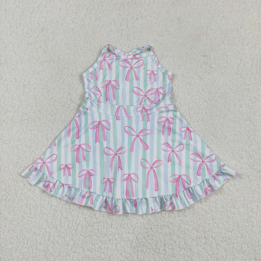 GSD2297 Pink Bows Blue Green Stripe Ruffle Sleeveless Halter Yoga Dress Girls Boutique Clothes  202504 RTS