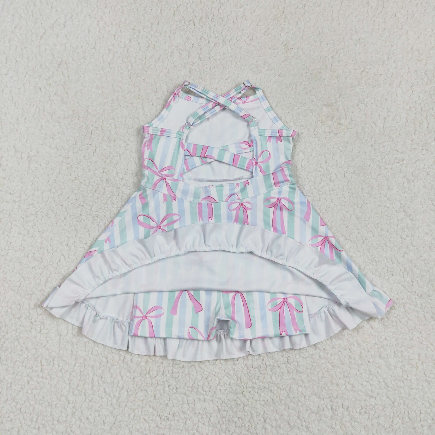 GSD2297 Pink Bows Blue Green Stripe Ruffle Sleeveless Halter Yoga Dress Girls Boutique Clothes  202504 RTS