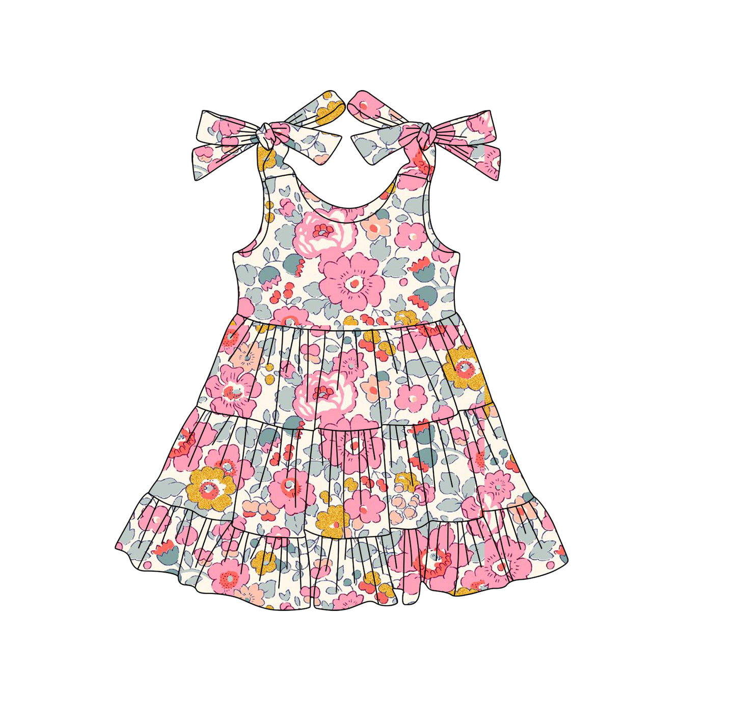 preorder GSD2301 Pink Orange Flower Leaf Ruffle Sleeveless Dress Girls Boutique Outfits 202503