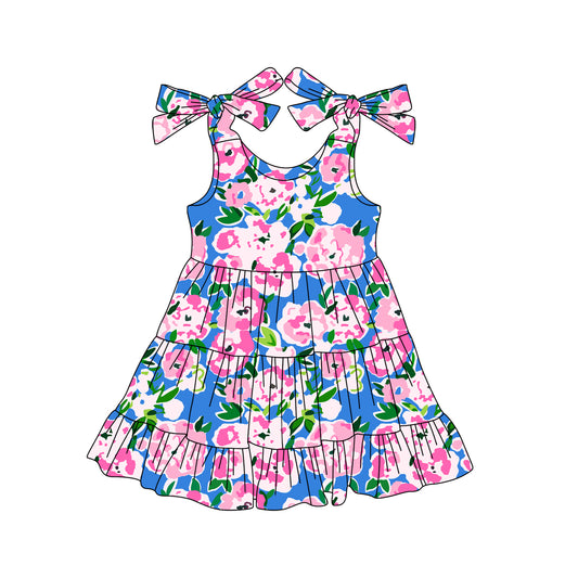 preorder GSD2302 Pink Blue Flower Leaf Ruffle Sleeveless Dress Girls Boutique Outfits 202503