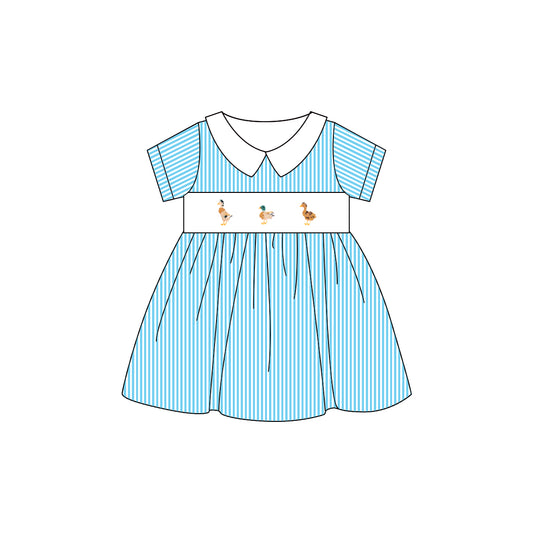 preorder GSD2307 Duck Hunting Clothes Blue Stripe Short Sleeve Dress Smocked Girls Boutique Outfits 202503