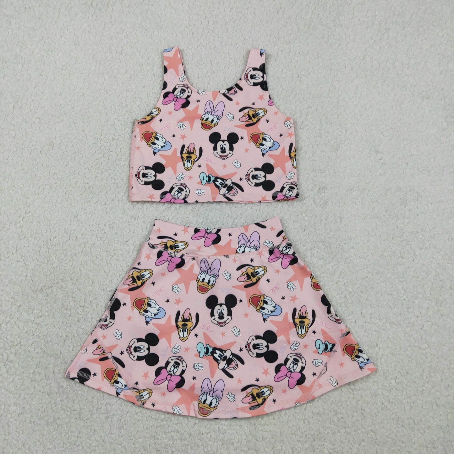 NEW GSD2332 Cartoon Mickey Mouse Pink Yoga Sleeveless Top Skirts Shorts Girls Yoga Sets 202602 RTS