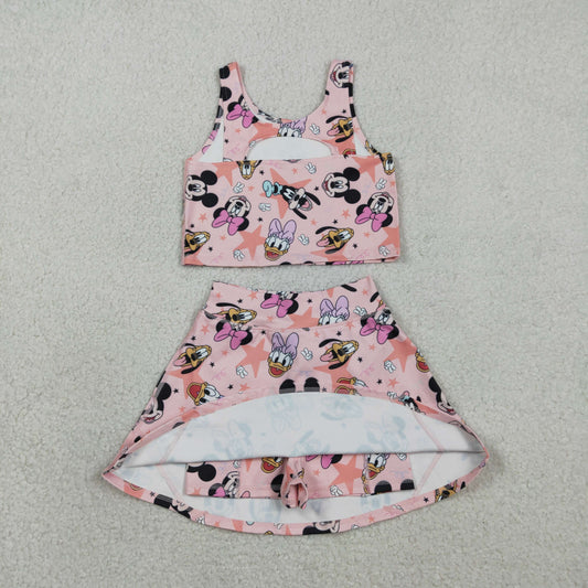 NEW GSD2332 Cartoon Mickey Mouse Pink Yoga Sleeveless Top Skirts Shorts Girls Yoga Sets 202602 RTS