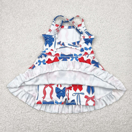GSD2345 4th of July Red Blue Star Bows Yoga outfit Sleeveless Dress Girls Clothes  202505 RTS