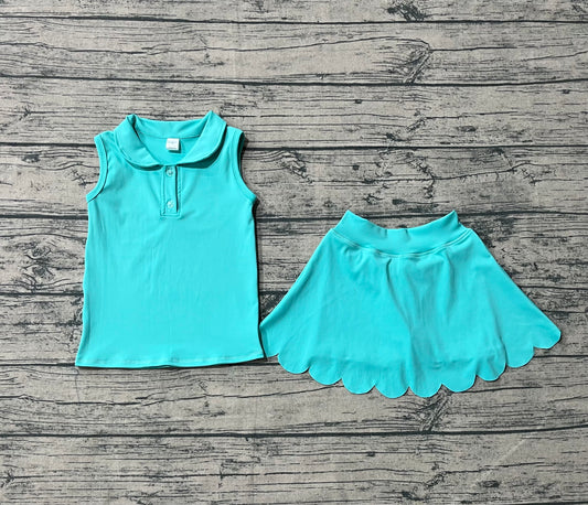 preorder GSD2349 Yoga Suits Pure Blue Green Doll Collar Sleeveless Top Skirts Shorts Sets Girls Boutique Outfits 202503