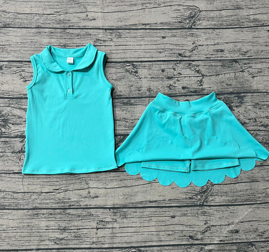 preorder GSD2349 Yoga Suits Pure Blue Green Doll Collar Sleeveless Top Skirts Shorts Sets Girls Boutique Outfits 202503
