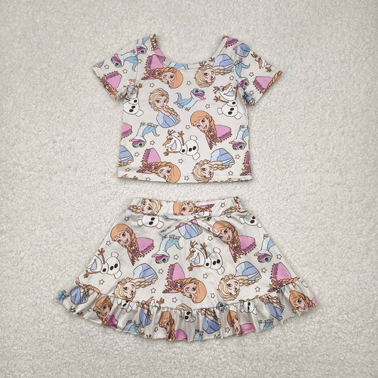 GSD2358 Yoga outfit Cartoon princess short sleeve top skirts 2 pieces set Girls Boutique outfit 202504 RTS