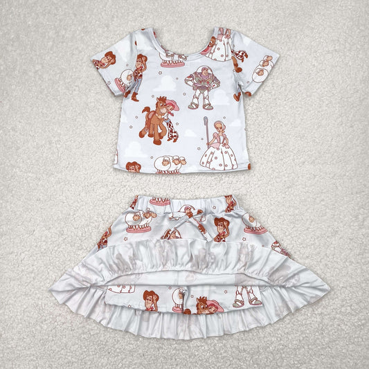 GSD2359 Yoga outfit Cartoon princess horse short sleeve top skirts shorts 2 pieces set Girls Boutique outfit 202504 RTS