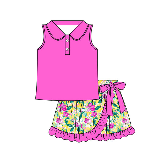 preorder GSD2361 Rose Red polo sleeveless top ruffle skirts 2 pieces set Girls Boutique outfit 202503
