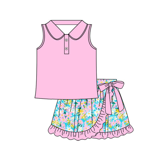 preorder GSD2362 Pink polo sleeveless top ruffle skirts 2 pieces set Girls Boutique outfit 202503
