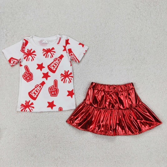 GSD2369 Cheer Star Fireworks White Red short sleeve top shining leather skirts sets girls boutique outfits 202503 RTS