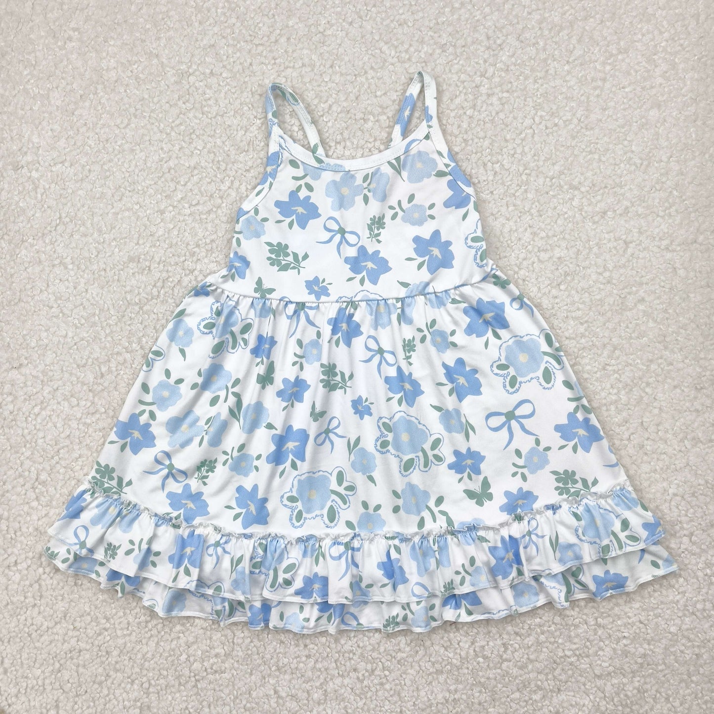 GSD2377 White Blue Flower Ruffle Sleeveless Dress Girls Clothes  202504 RTS