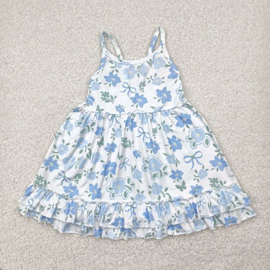 GSD2377 White Blue Flower Ruffle Sleeveless Dress Girls Clothes  202504 RTS