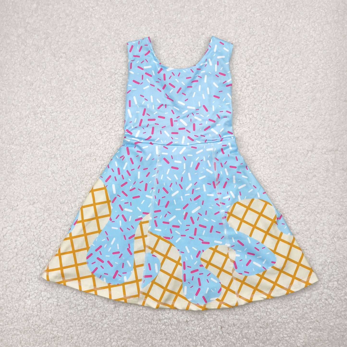 GSD2380 Yoga outfit Sky Blue Bow Fireworks Plaid Sleeveless Dress Girls Clothes  202505 RTS Local Warehouse