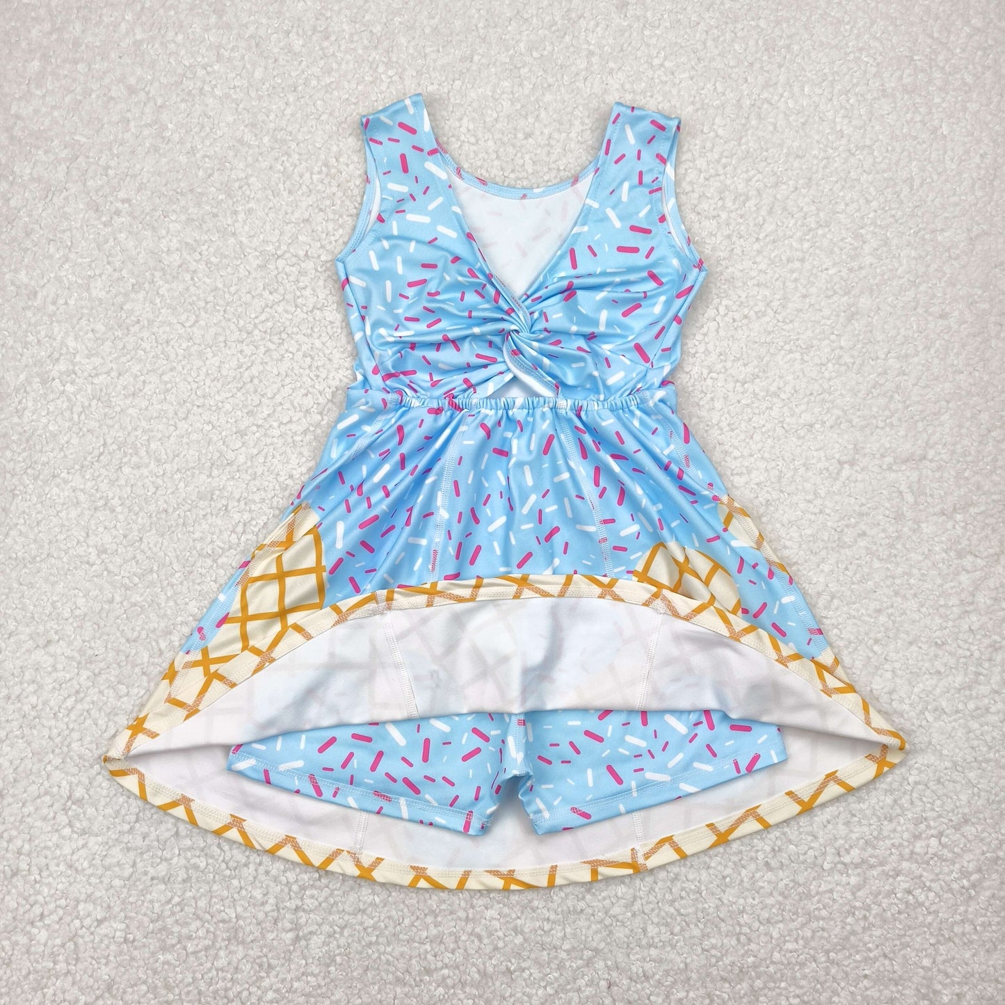 GSD2380 Yoga outfit Sky Blue Bow Fireworks Plaid Sleeveless Dress Girls Clothes  202505 RTS Local Warehouse