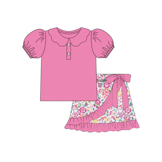 preorder GSD2384 rose red short sleeve top ruffle flower bow skirts 2 pieces set girls boutique outfit 202503