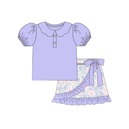 preorder GSD2385 purple short sleeve top ruffle flower bow skirts 2 pieces set girls boutique outfit 202503