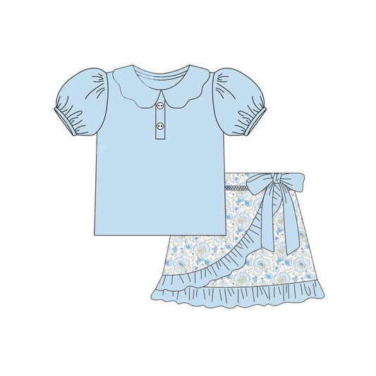 preorder GSD2387 blue short sleeve top ruffle flower bow skirts 2 pieces set girls boutique outfit 202503
