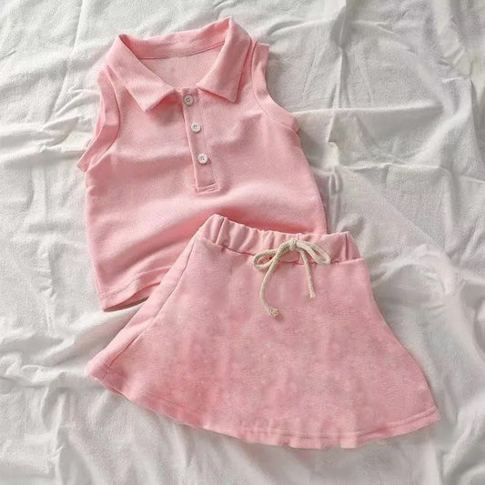 preorder GSD2388 Yoga Suits Pure Pink Polo Button Sleeveless Top Skirts Sets Girls Boutique Outfits 202503