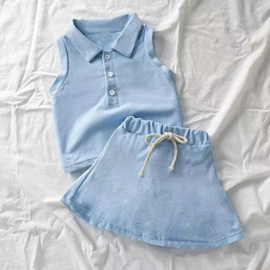 preorder GSD2389  Yoga Suits Pure Blue Polo Button Sleeveless Top Skirts Sets Girls Boutique Outfits 202503