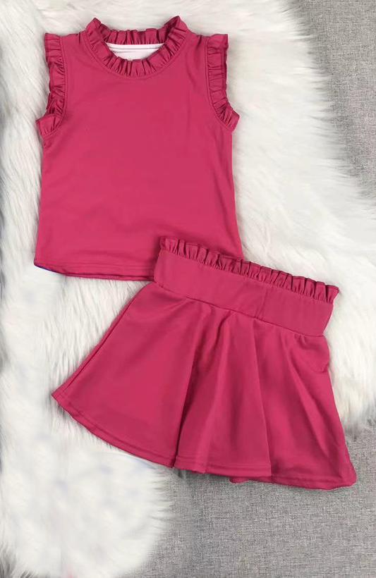 preorder GSD2390 Yoga Suits Pure Rose Red Ruffle Sleeveless Top Skirts Sets Girls Boutique Outfits 202503