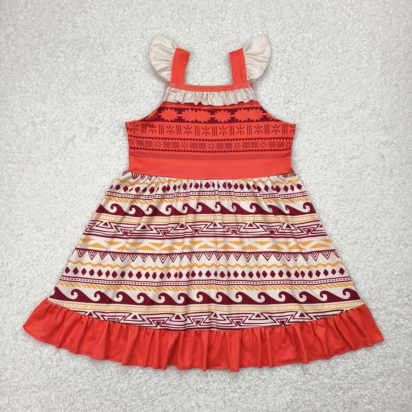 GSD2394 Orange Red Pattern Beige Ruffle Flying Sleeve Dress Girls Boutique Outfits 202504 RTS