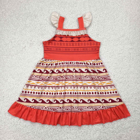 GSD2394 Orange Red Pattern Beige Ruffle Flying Sleeve Dress Girls Boutique Outfits 202504 RTS