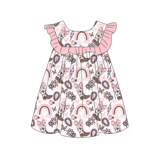 preorder GSD2395 Pink Boots Flower Ruffle Flying Sleeve Dress Girls Boutique Outfits 202503