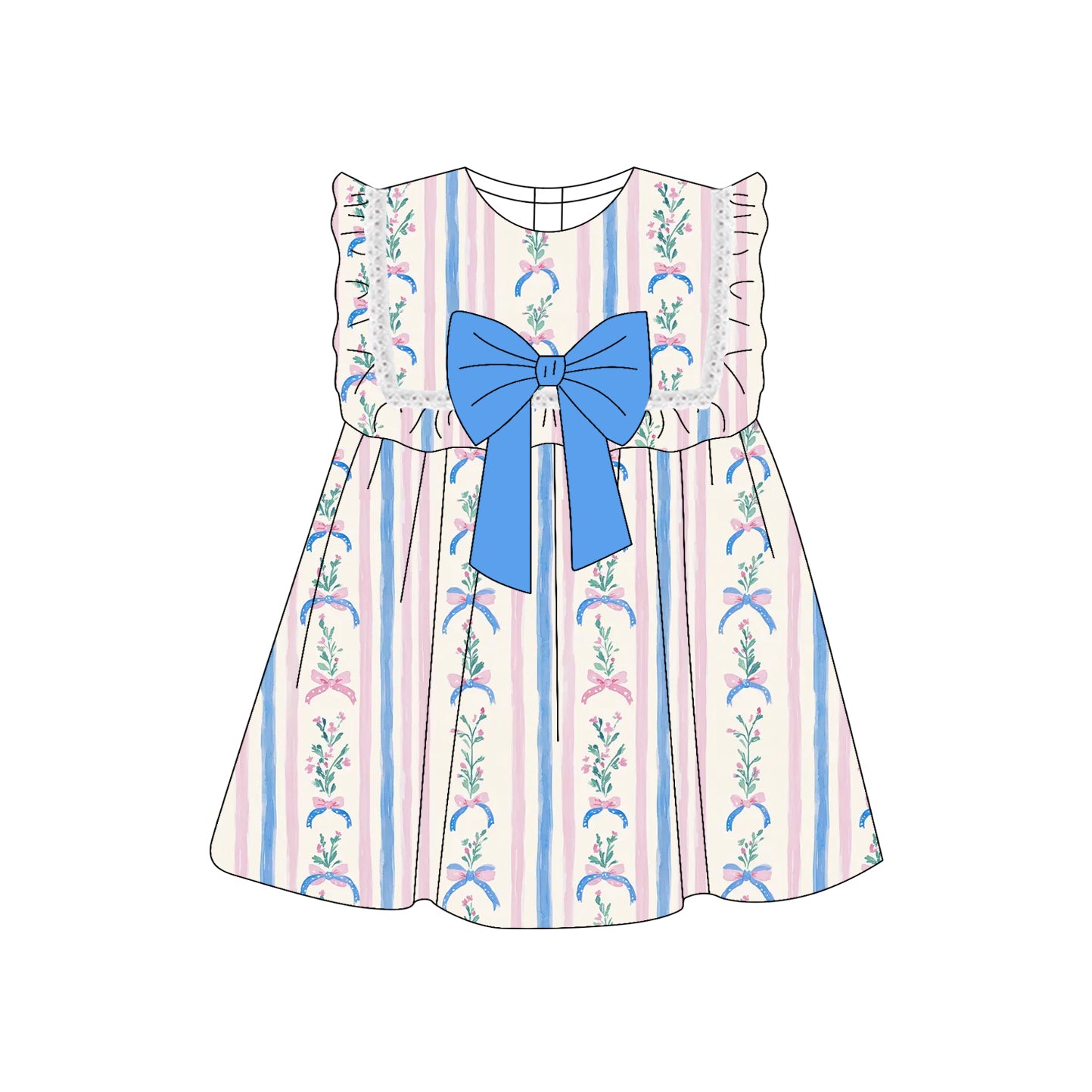 preorder GSD2397 Pink Blue Striped Flower Bows Ruffle Sleeveless Dress Girls Clothes  202503