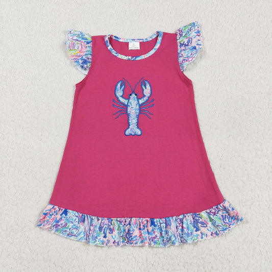 GSD2398 Embroidered Lobster Rose Red Blue Ruffle Fly Sleeve Dress Girls Clothes  202507 RTS