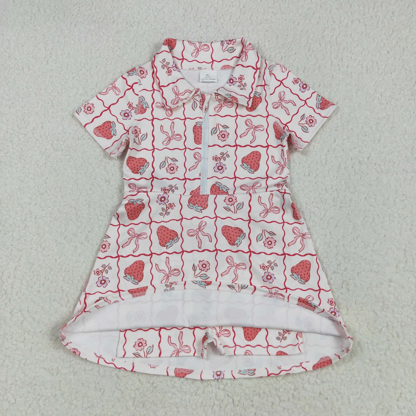 GSD2407 Beige Strawberry Bows Flower Zippy Dress Boutique Yoga Girls Clothes 202505 RTS