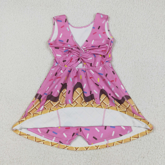 GSD2413 Rose Red Brown Match Waffle Ice Cream Sleeveless Romper Yoga Dress Girls Boutique Clothes  202505 RTS
