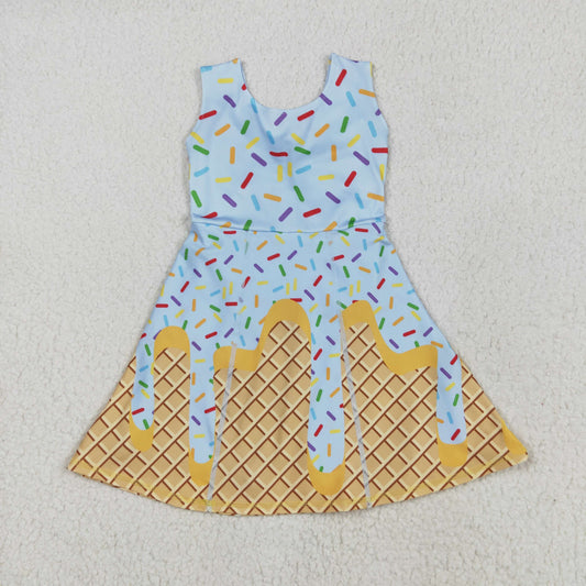 GSD2415 Blue Waffle Ice Cream Sleeveless Romper Yoga Dress Girls Boutique Clothes  202505 RTS