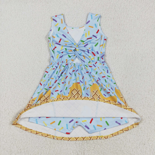 GSD2415 Blue Waffle Ice Cream Sleeveless Romper Yoga Dress Girls Boutique Clothes  202505 RTS