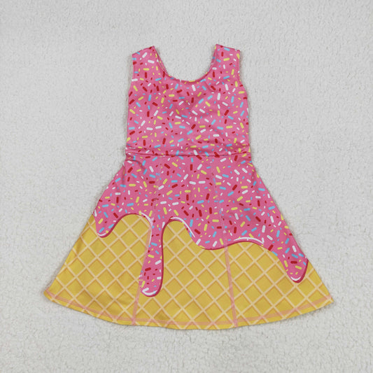 GSD2417 Pink Waffle Ice Cream Sleeveless Romper Yoga Dress Girls Boutique Clothes  202506 RTS