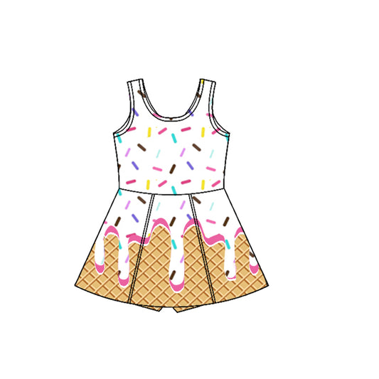 Preorder GSD2418 White Waffle Ice Cream Sleeveless Romper Yoga Dress Girls Boutique Clothes  202503
