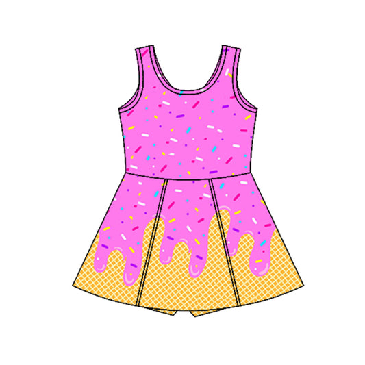 Preorder GSD2421 Rose Red Waffle Ice Cream Sleeveless Romper Yoga Dress Girls Boutique Clothes  202503
