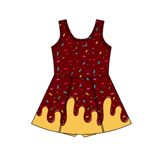 Preorder GSD2423 Dark Red Waffle Ice Cream Sleeveless Romper Yoga Dress Girls Boutique Clothes  202503