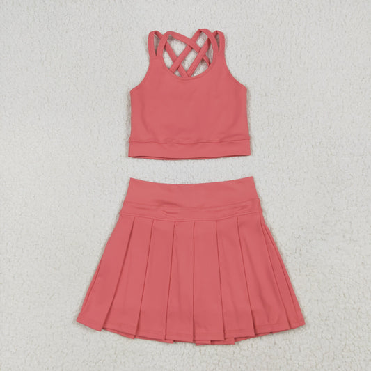 GSD2436 Kids Yoga Set Coral Red Sleeveless Vest Skirts Shorts Sets Girls Boutique Outfits 202506 RTS