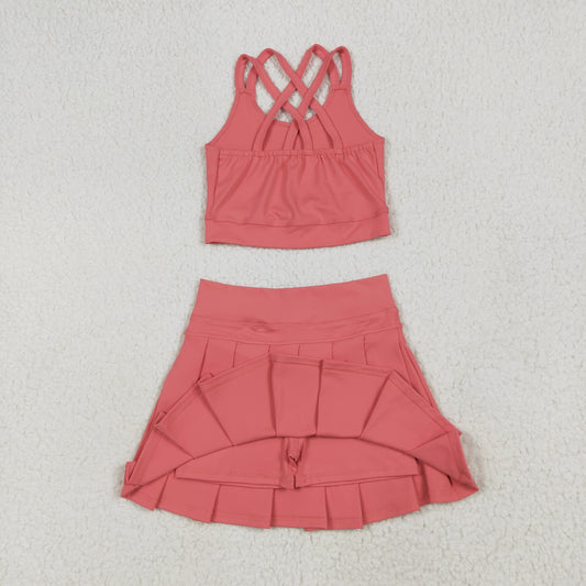 GSD2436 Kids Yoga Set Coral Red Sleeveless Vest Skirts Shorts Sets Girls Boutique Outfits 202506 RTS