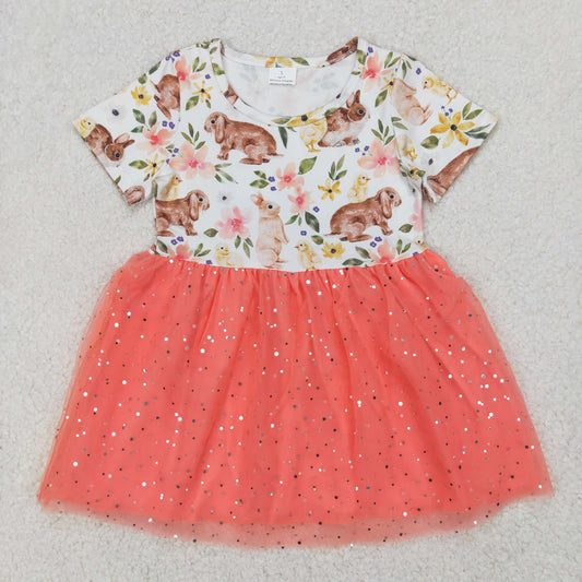 GSD2445 Easter Rabbits Flower Orange Red Sequin Short Sleeve Dress Boutique Girls Outfits 202504 RTS