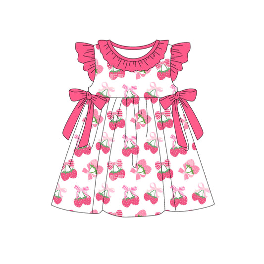 preorder GSD2455 Rose Red Strawberry Bows Ruffle Flying Sleeve Dress Girls Boutique Outfits 202504