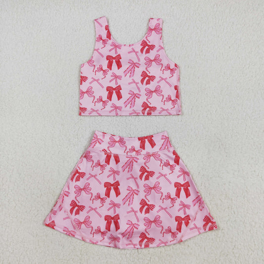 GSD2459 Kids Yoga Set Pink Bows Sleeveless Vest Skirts Girls Sets  202507 RTS