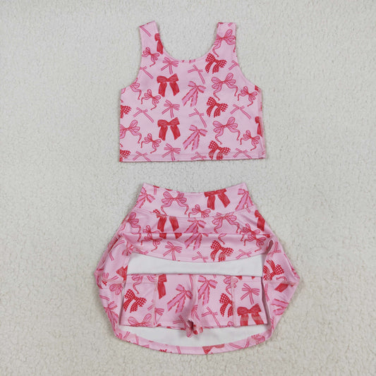 GSD2459 Kids Yoga Set Pink Bows Sleeveless Vest Skirts Girls Sets  202507 RTS