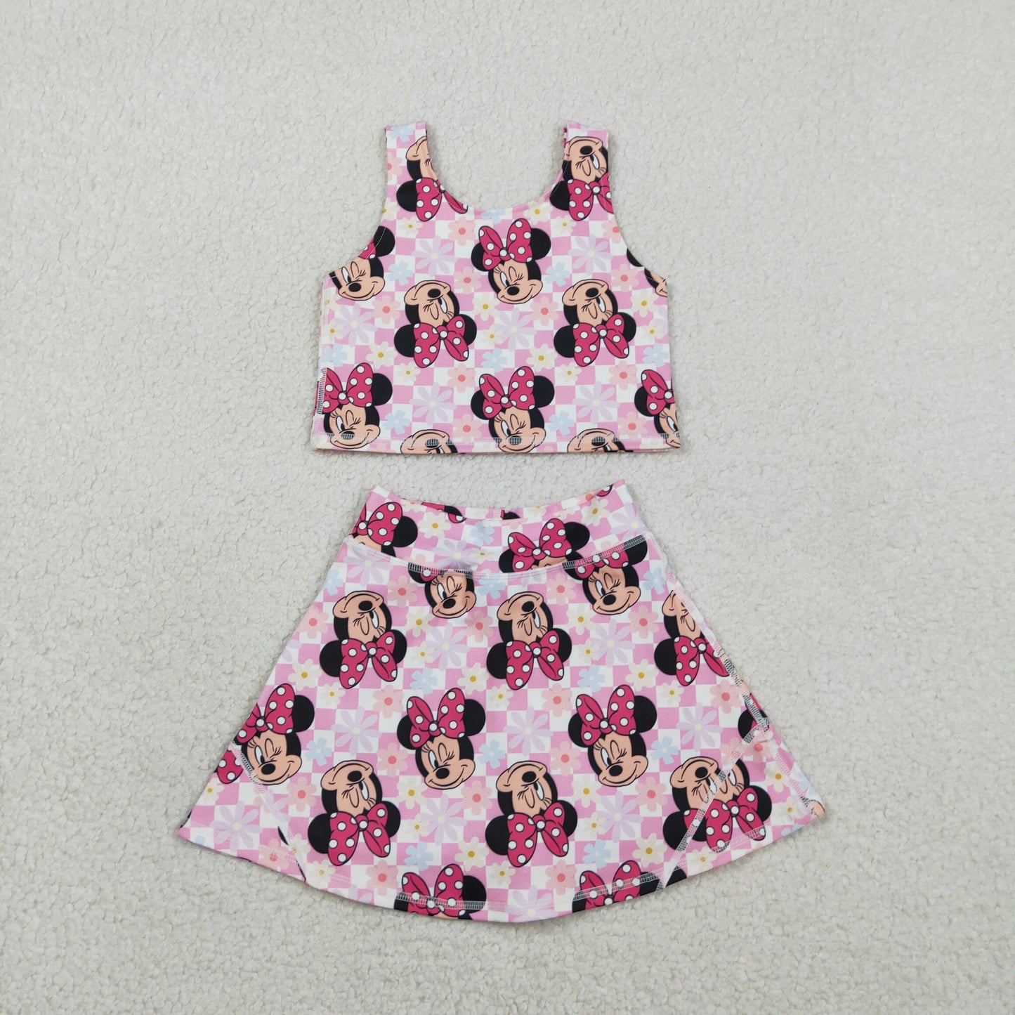NEW GSD2460 Pink Plaid Flower Cartoon Mickey Mouse Minnie Sleeveless Vest Skirts Shorts Girls Yoga Sets 202602 RTS